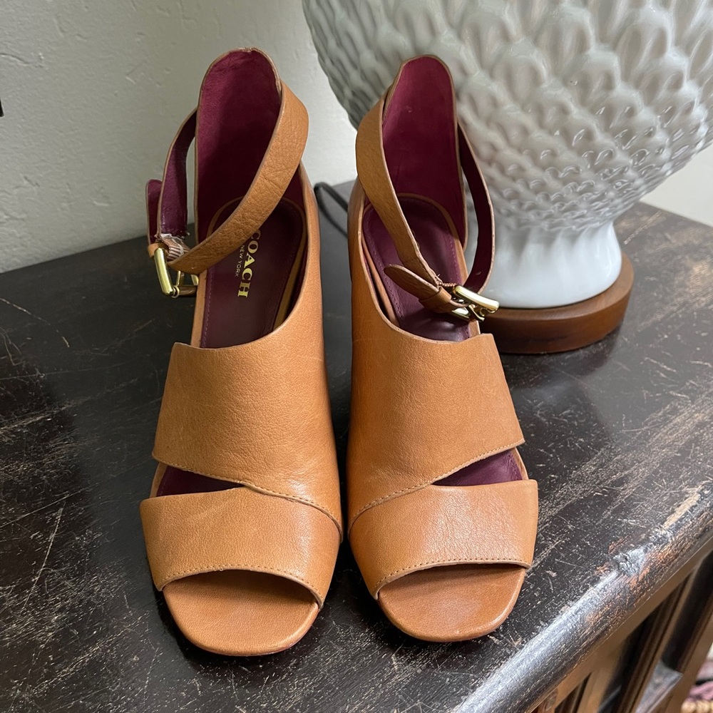 Coach Ankle Strap Heel. Size 6B. Worn once. Soft tan leather.